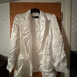 Zara White Satin Blazer with shoulder pads